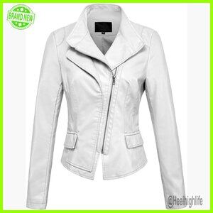 Slim Faux Leather Biker Jacket with Asymmetrical Zipper and Pockets